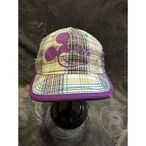 Disney Parks Hat Cap Strap Back Purple Plaid Mickey Mouse Rhinestone Womens OSFA